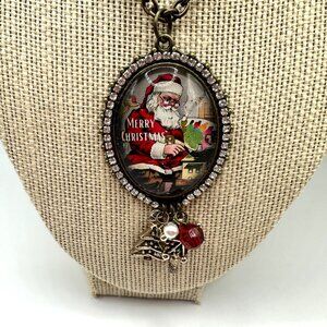 Plunder Design North Pole Necklace Santa Pendant Rhinestones Holiday Dangles NIB